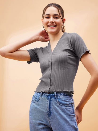 Stone Grey Rib Front Button Cardigan Top