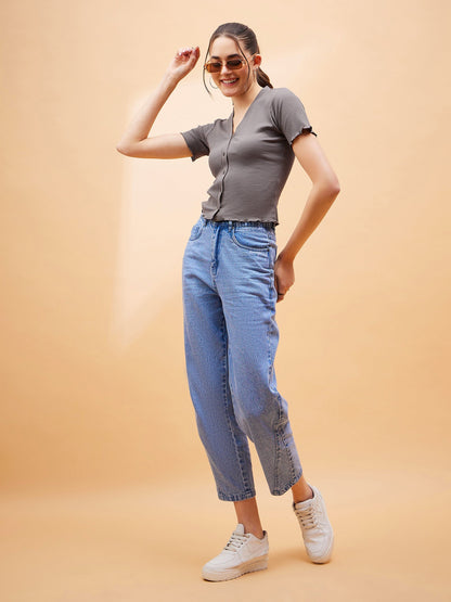 Stone Grey Rib Front Button Cardigan Top