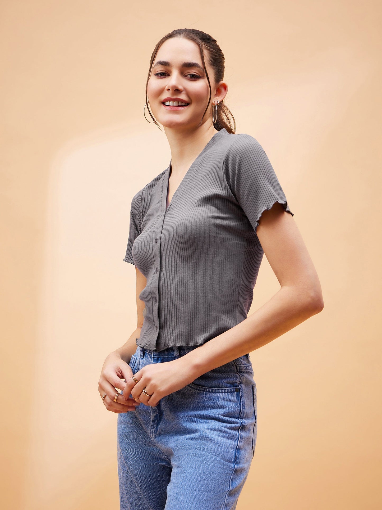 Stone Grey Rib Front Button Cardigan Top
