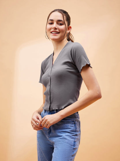 Stone Grey Rib Front Button Cardigan Top