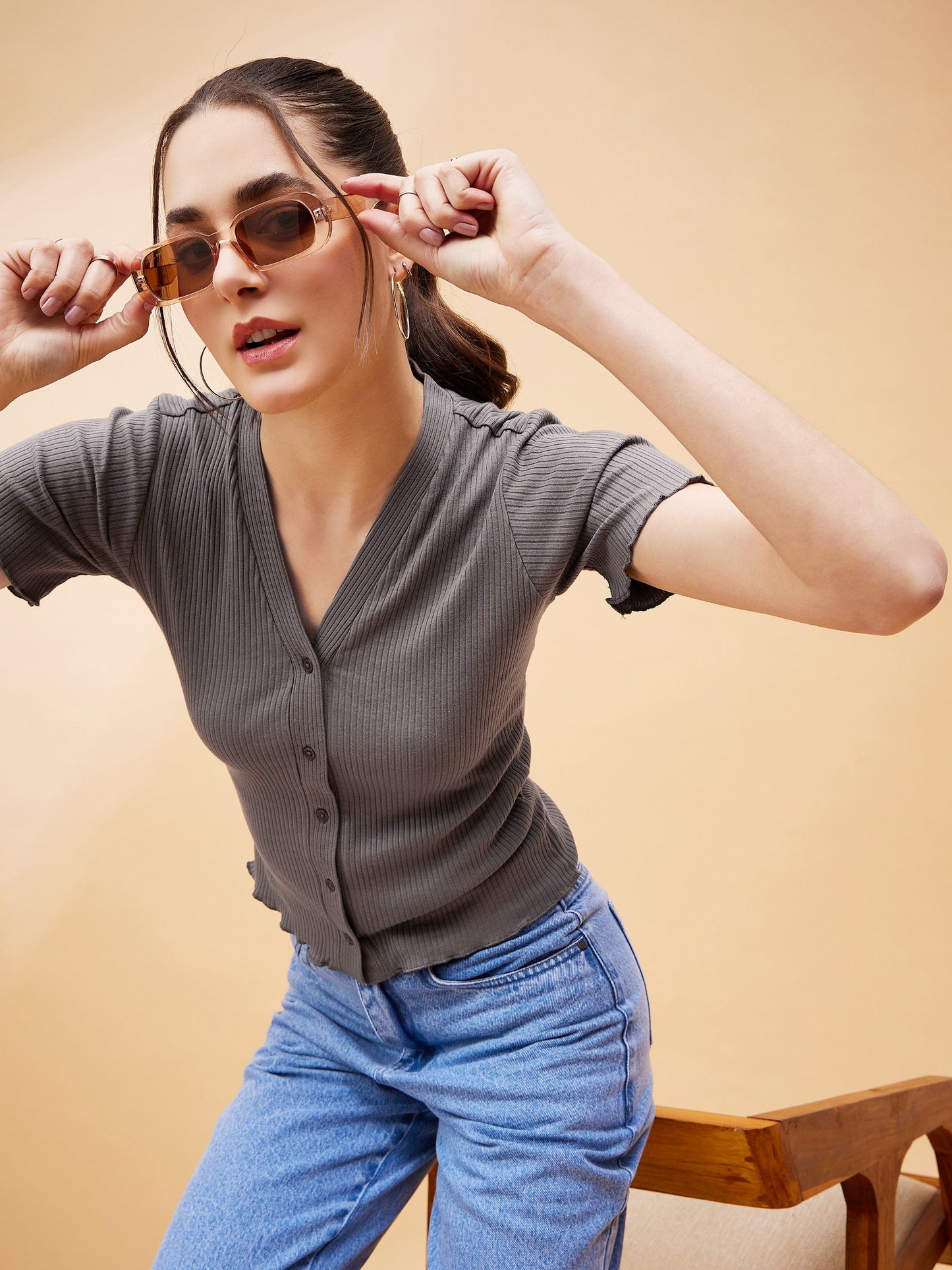 Stone Grey Rib Front Button Cardigan Top