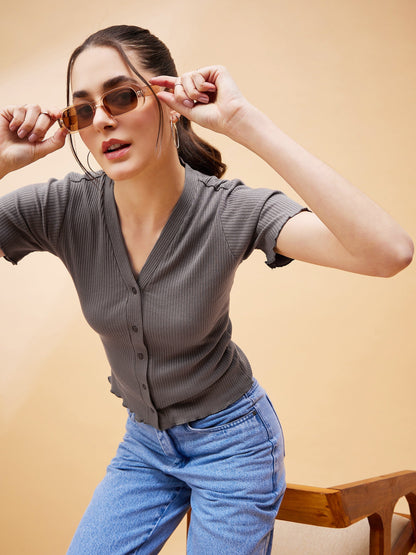 Stone Grey Rib Front Button Cardigan Top