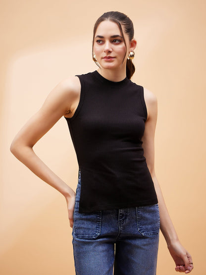 Black Rib Side Slit Top