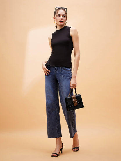 Black Rib Side Slit Top