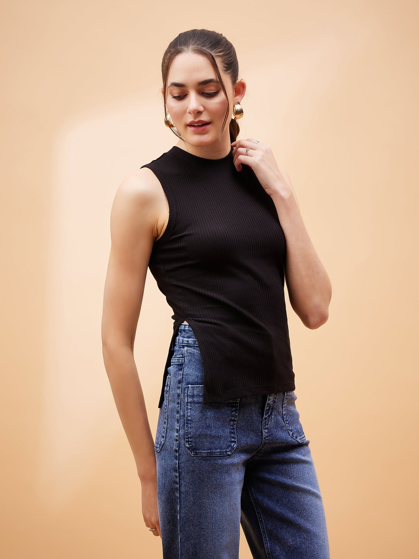 Black Rib Side Slit Top