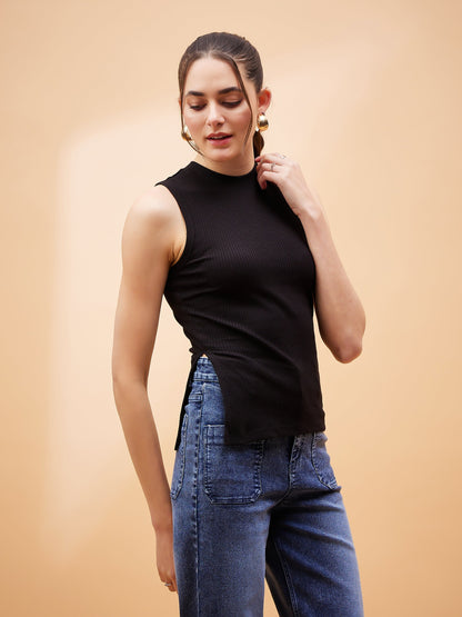 Black Rib Side Slit Top
