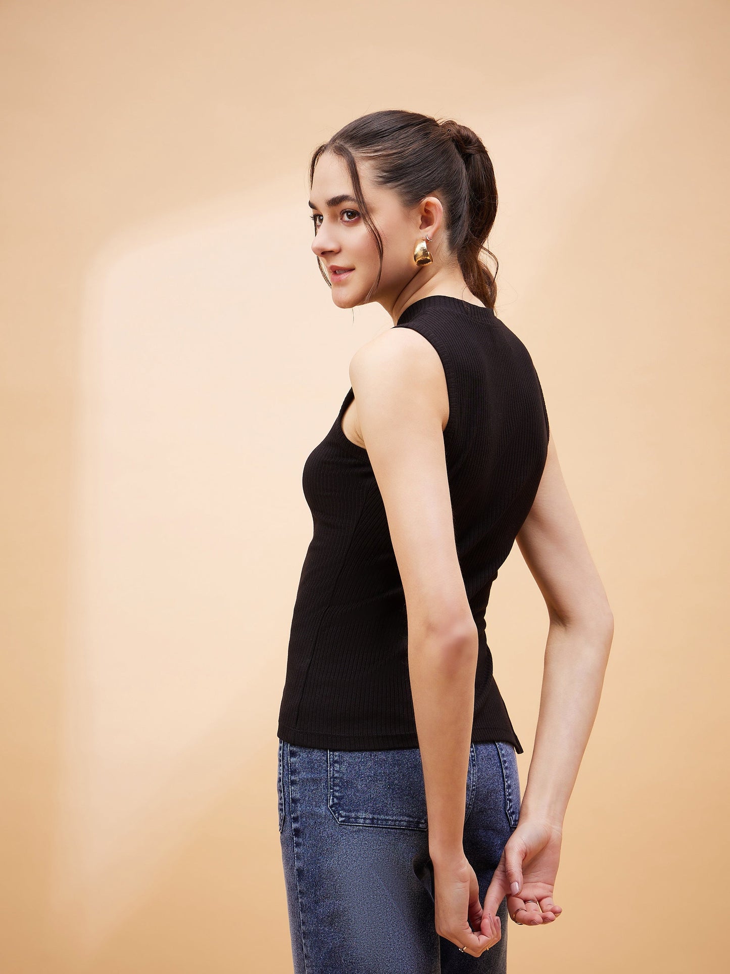 Black Rib Side Slit Top