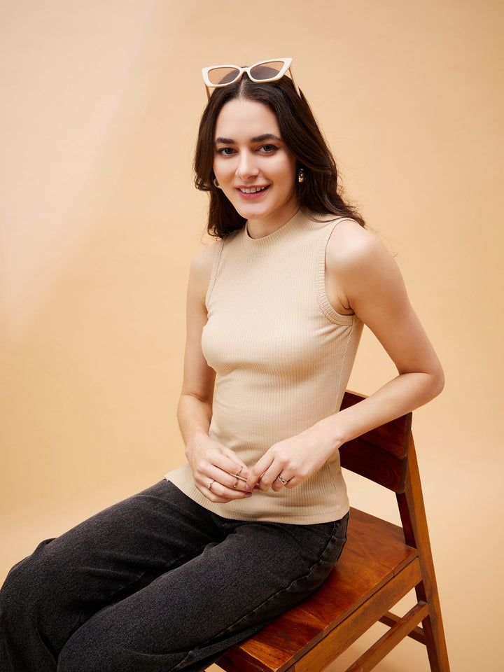 Women Beige Rib Side Slit Top