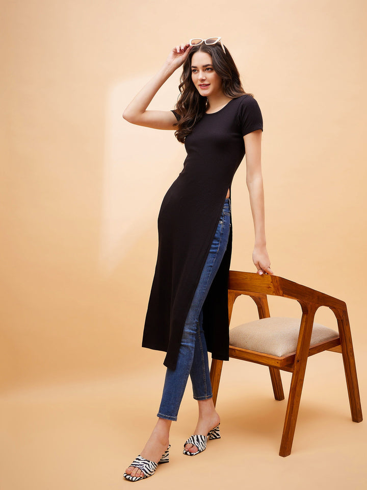 Women Black Rib Side Slit Longline Top