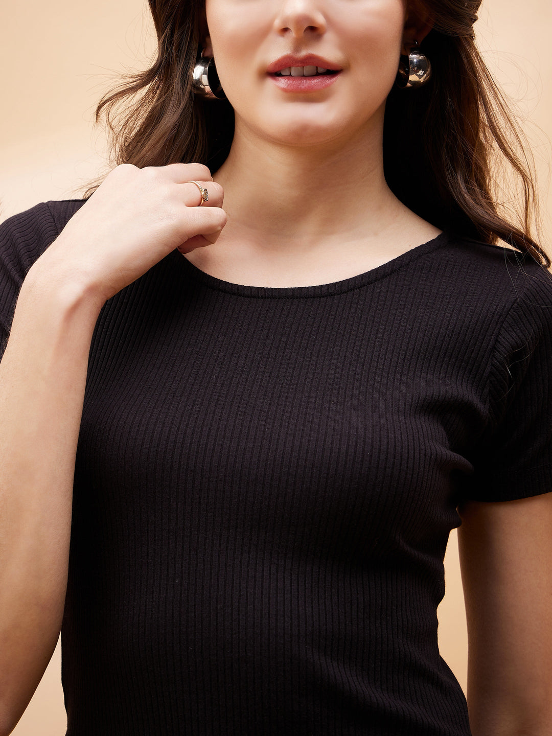 Women Black Rib Side Slit Longline Top