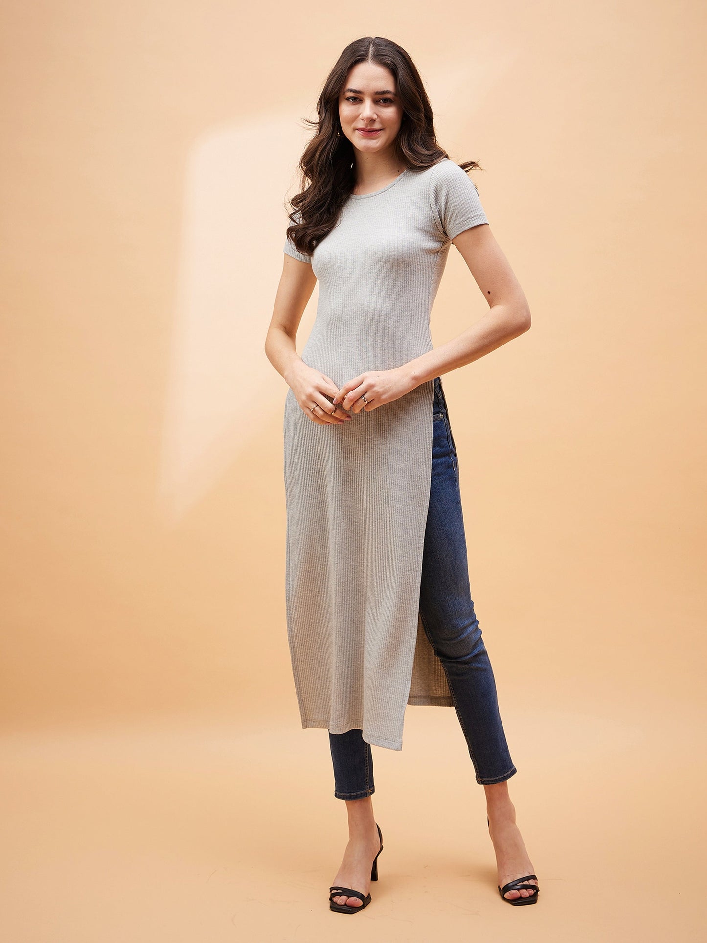 Grey Rib Side Slit Longline Top