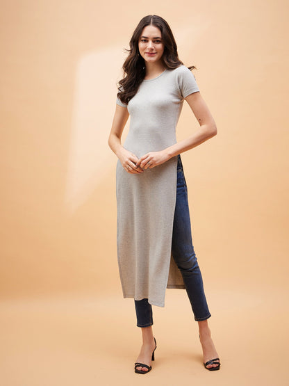 Grey Rib Side Slit Longline Top