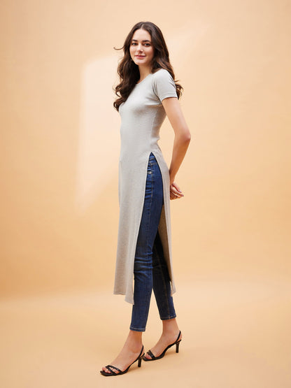 Grey Rib Side Slit Longline Top