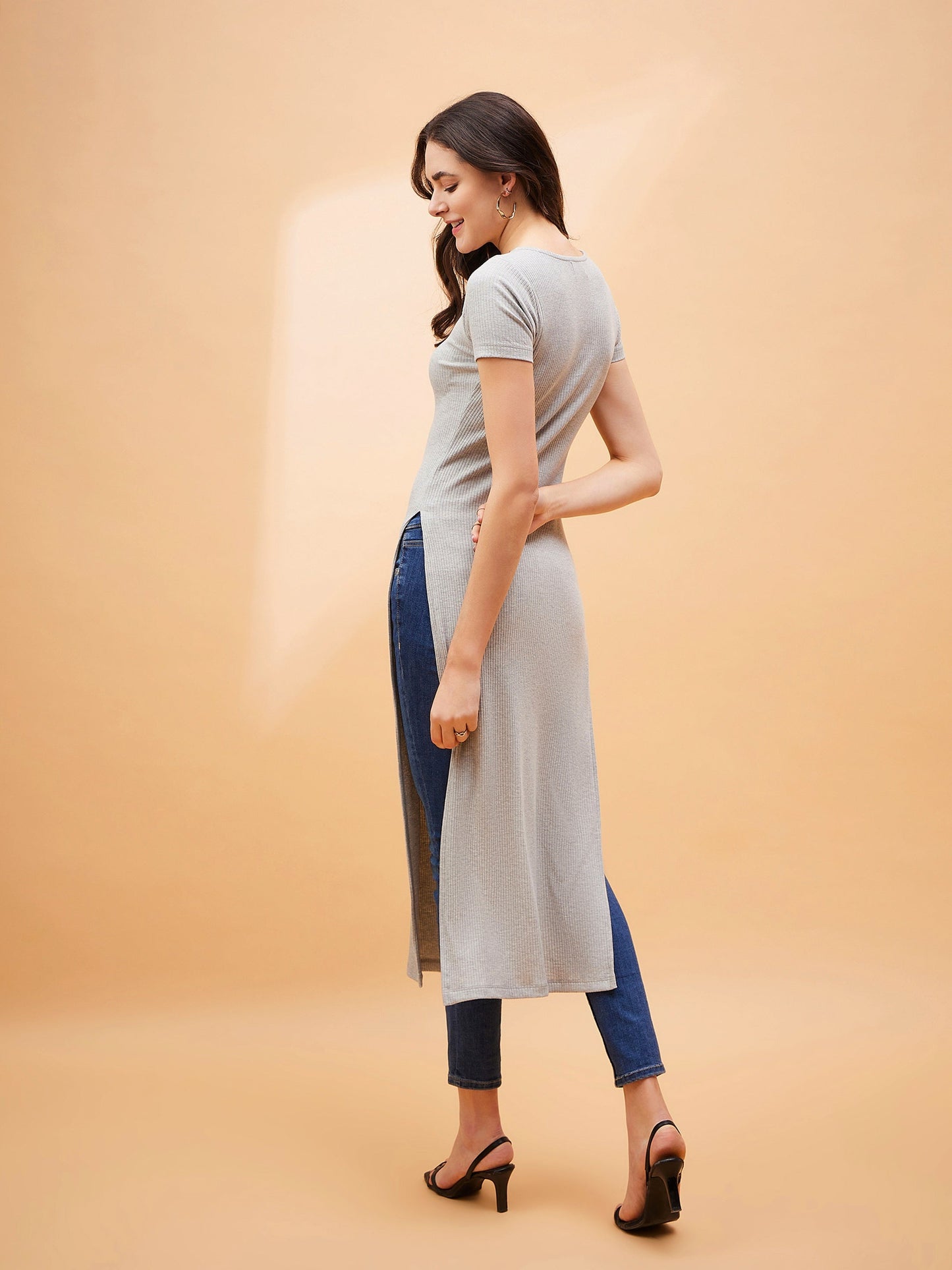 Grey Rib Side Slit Longline Top