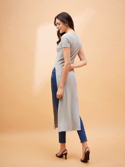 Grey Rib Side Slit Longline Top