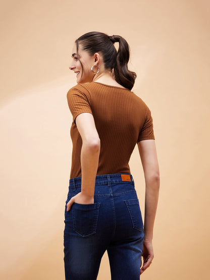 Women Brown Rib Round Neck Bodysuit