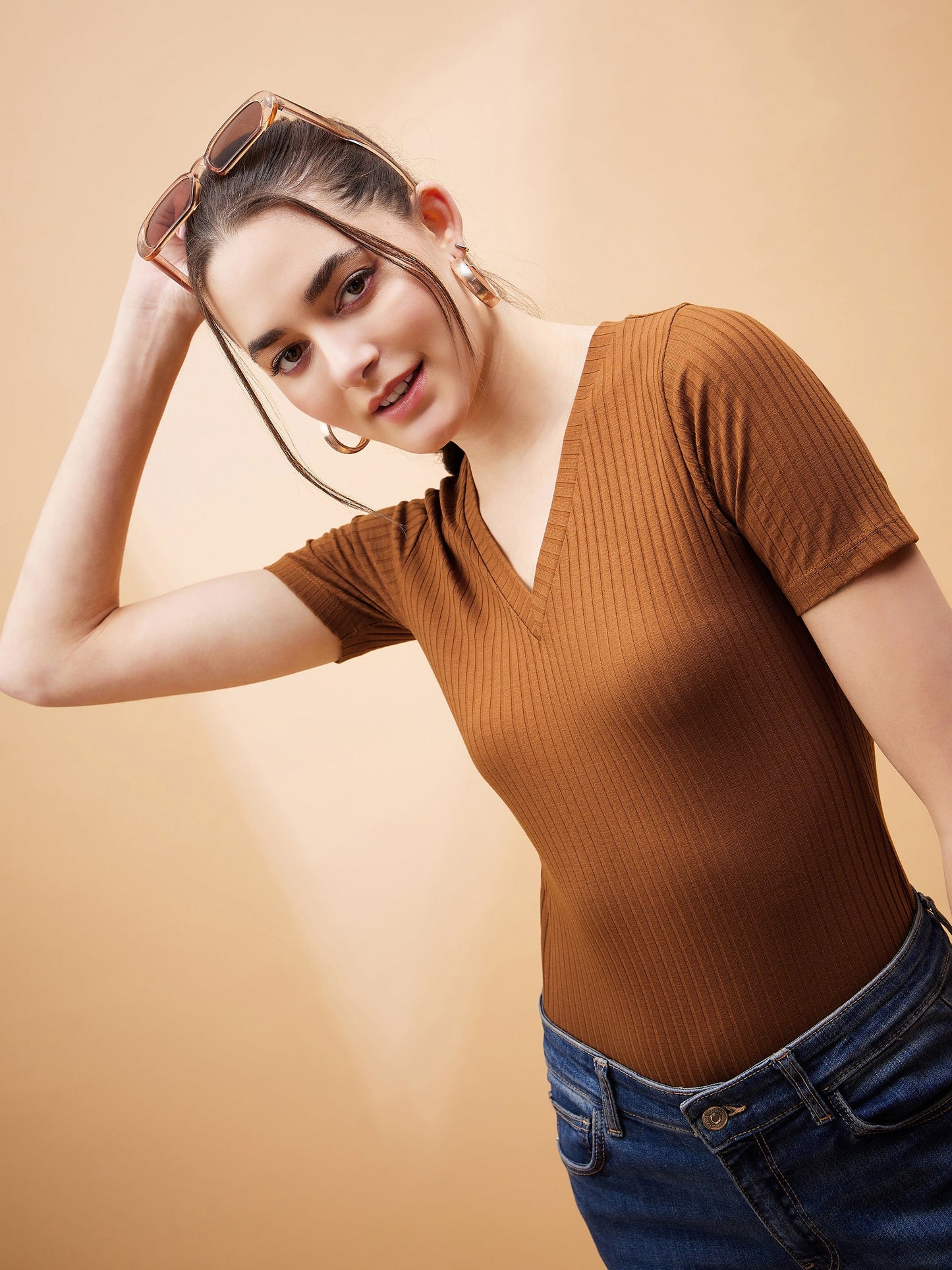 Brown Rib V-Neck Bodysuit