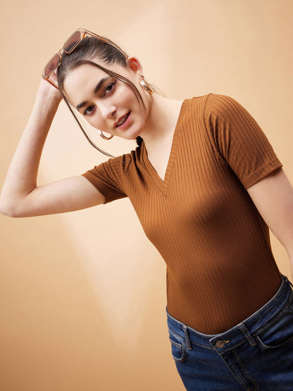 Brown Rib V-Neck Bodysuit