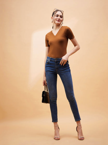 Brown Rib V-Neck Bodysuit