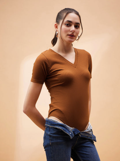 Brown Rib V-Neck Bodysuit