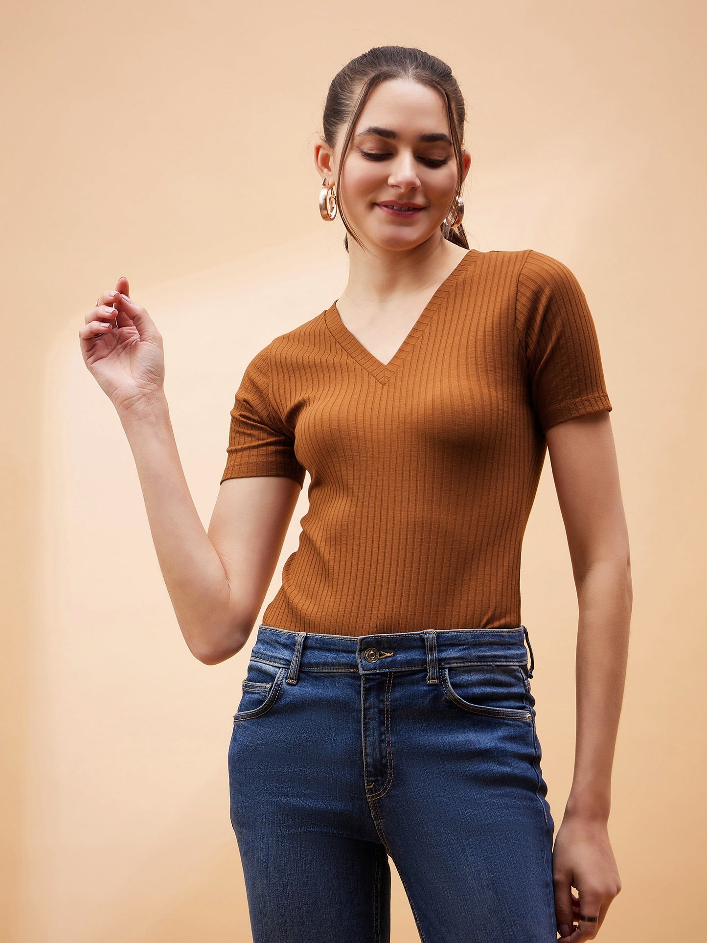 Brown Rib V-Neck Bodysuit