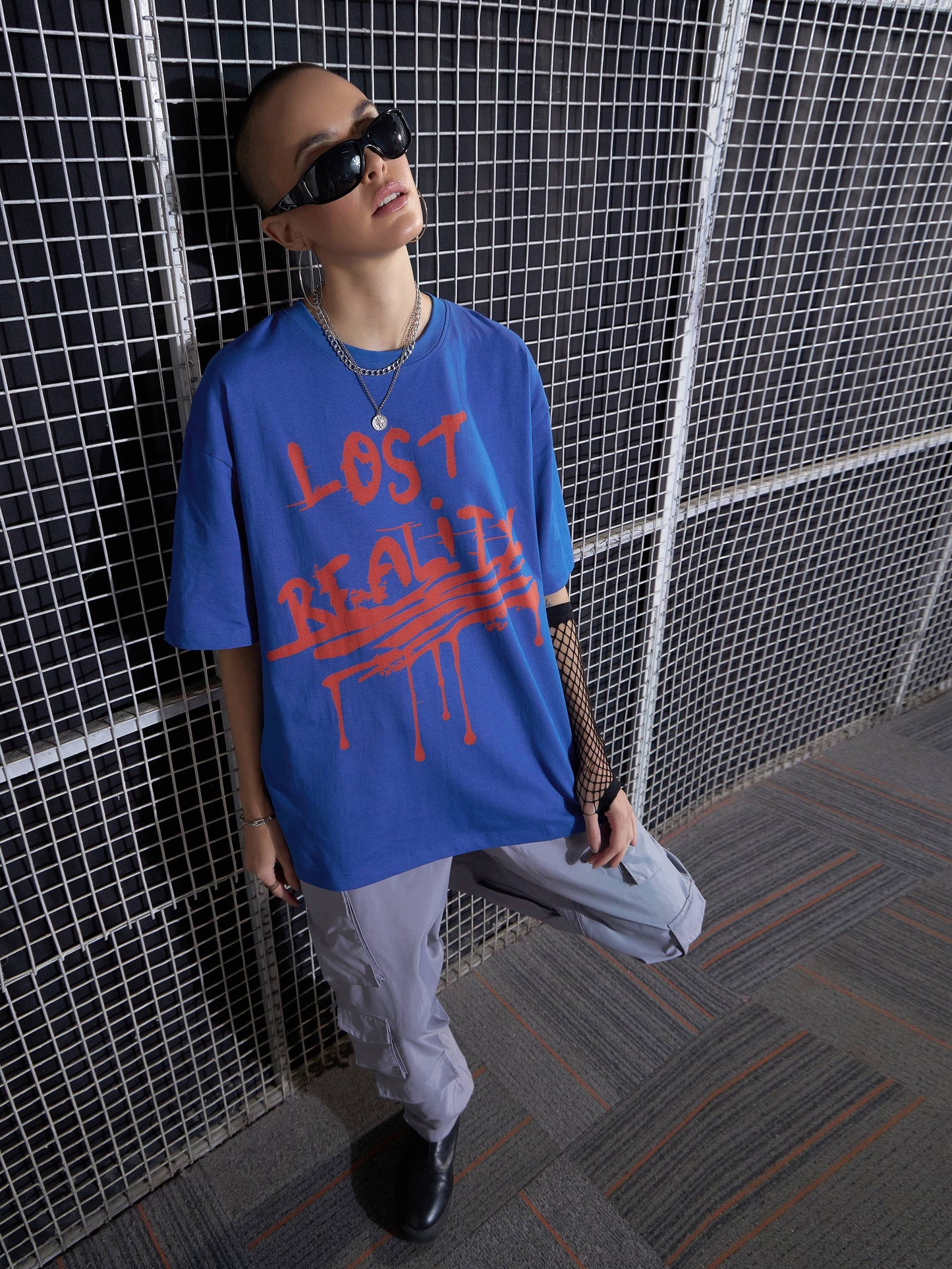 Women Royal Blue LOST REALITY Printed Oversized T-Shirt