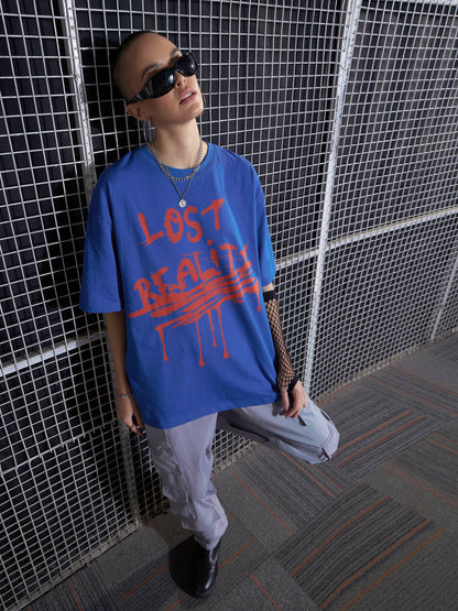 Women Royal Blue LOST REALITY Printed Oversized T-Shirt