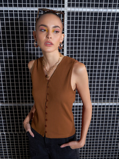 Brown Rib Front Button Top
