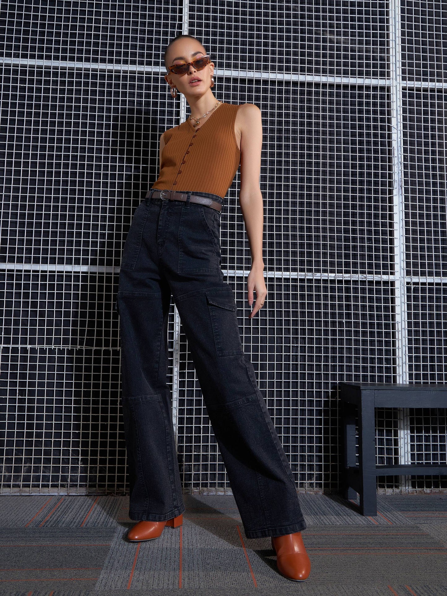 Brown Rib Front Button Top