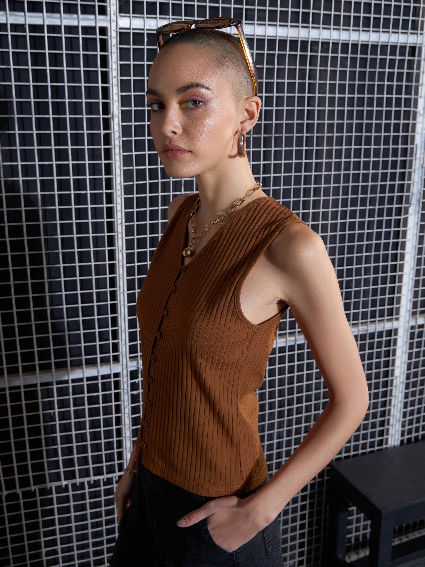 Brown Rib Front Button Top