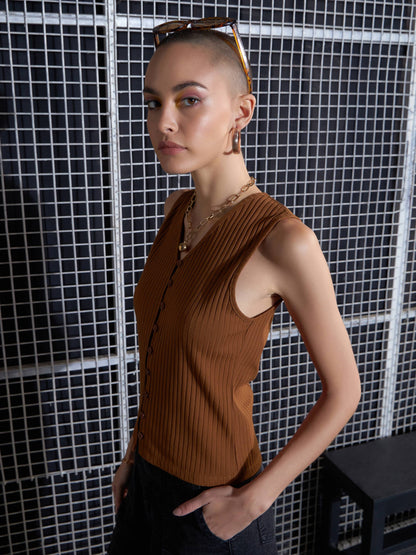 Brown Rib Front Button Top