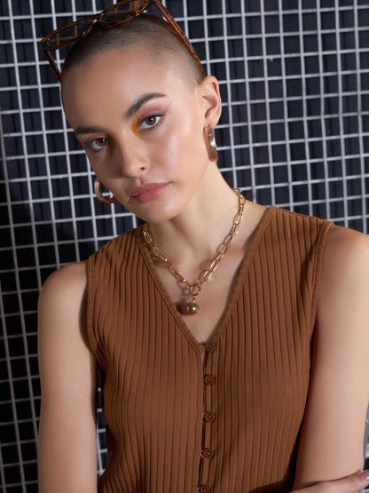 Brown Rib Front Button Top