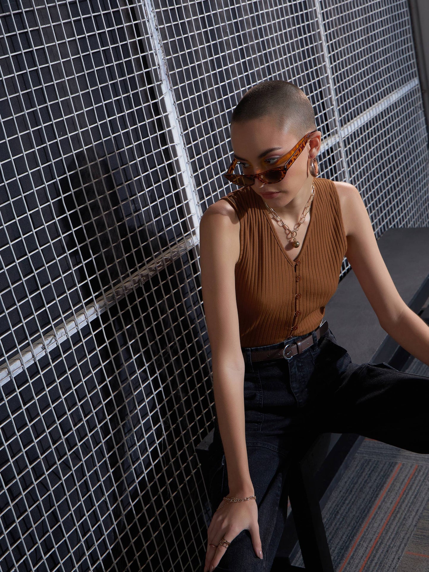 Brown Rib Front Button Top