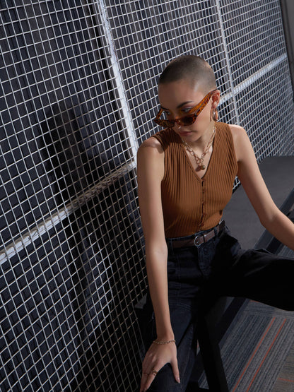 Brown Rib Front Button Top