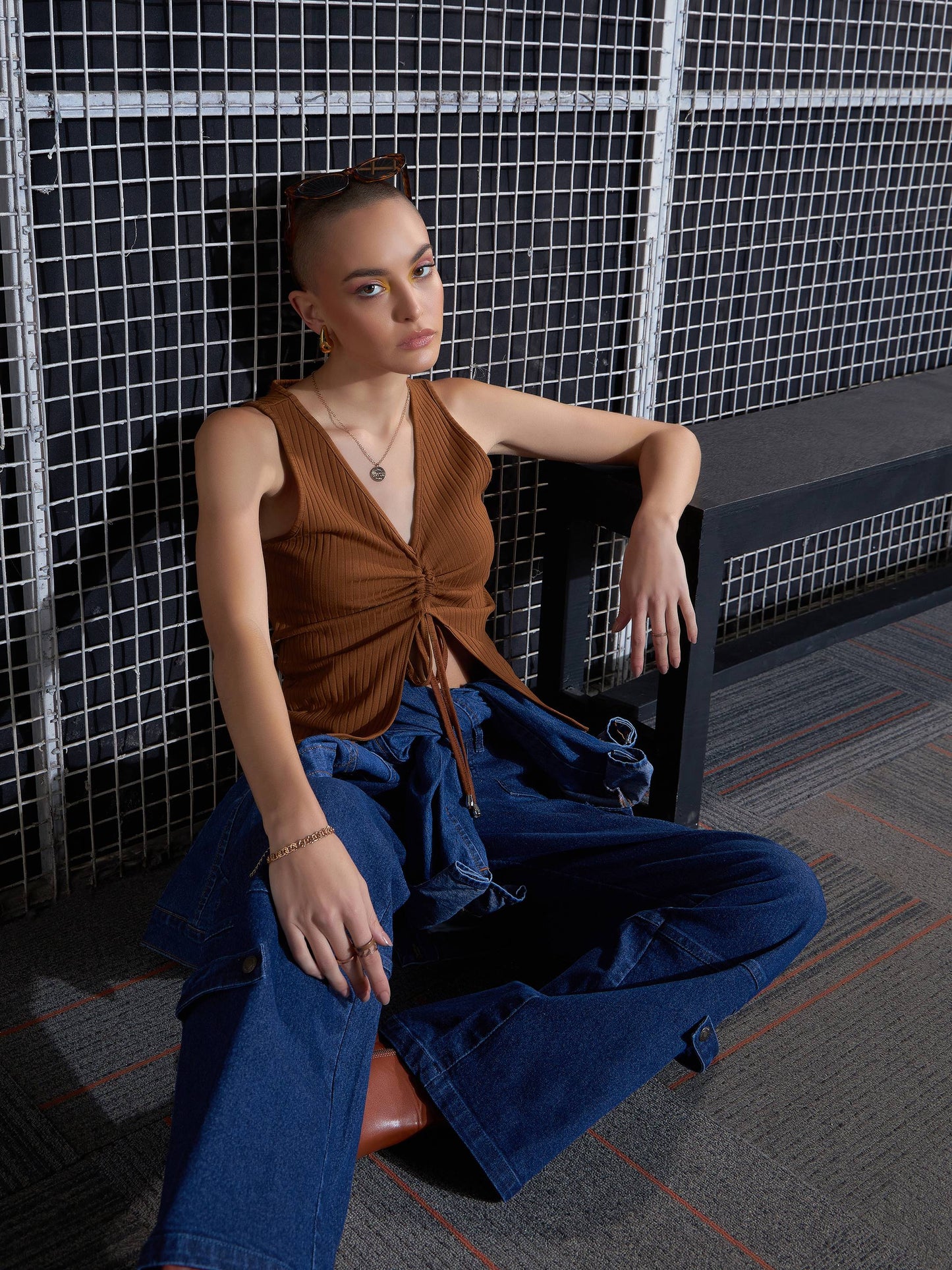 Women Brown Rib Front Ruched Top