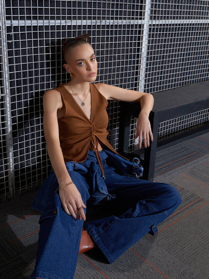 Women Brown Rib Front Ruched Top