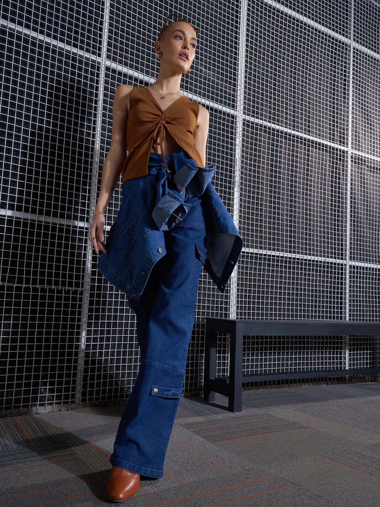 Women Brown Rib Front Ruched Top