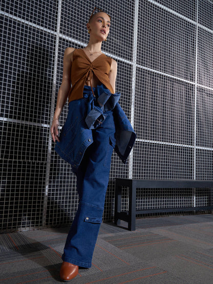 Women Brown Rib Front Ruched Top