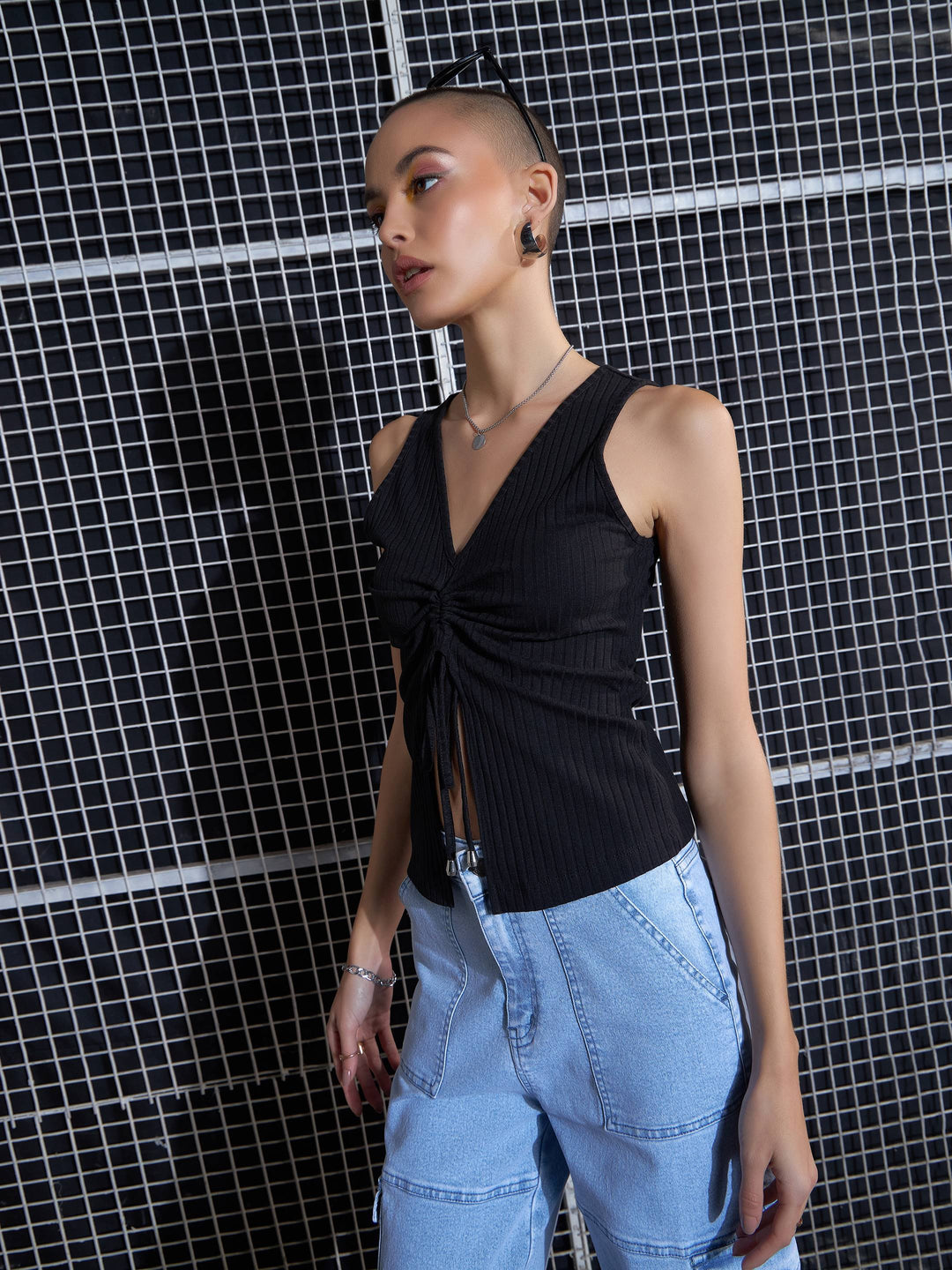 Women Black Rib Front Ruched Top