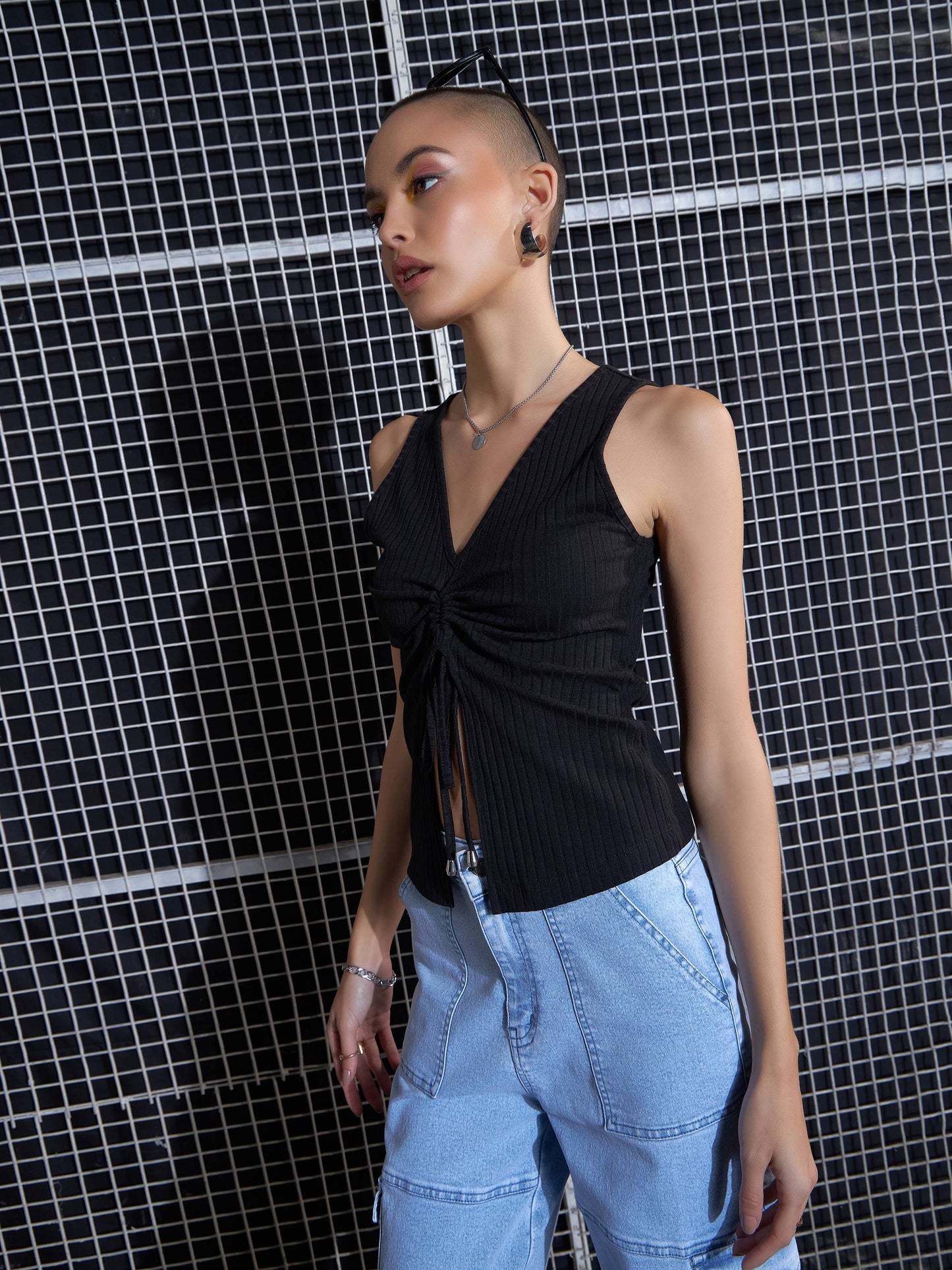 Women Black Rib Front Ruched Top