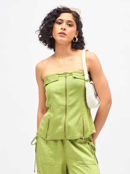 Olive Twill Front Zip Detail Corset Top