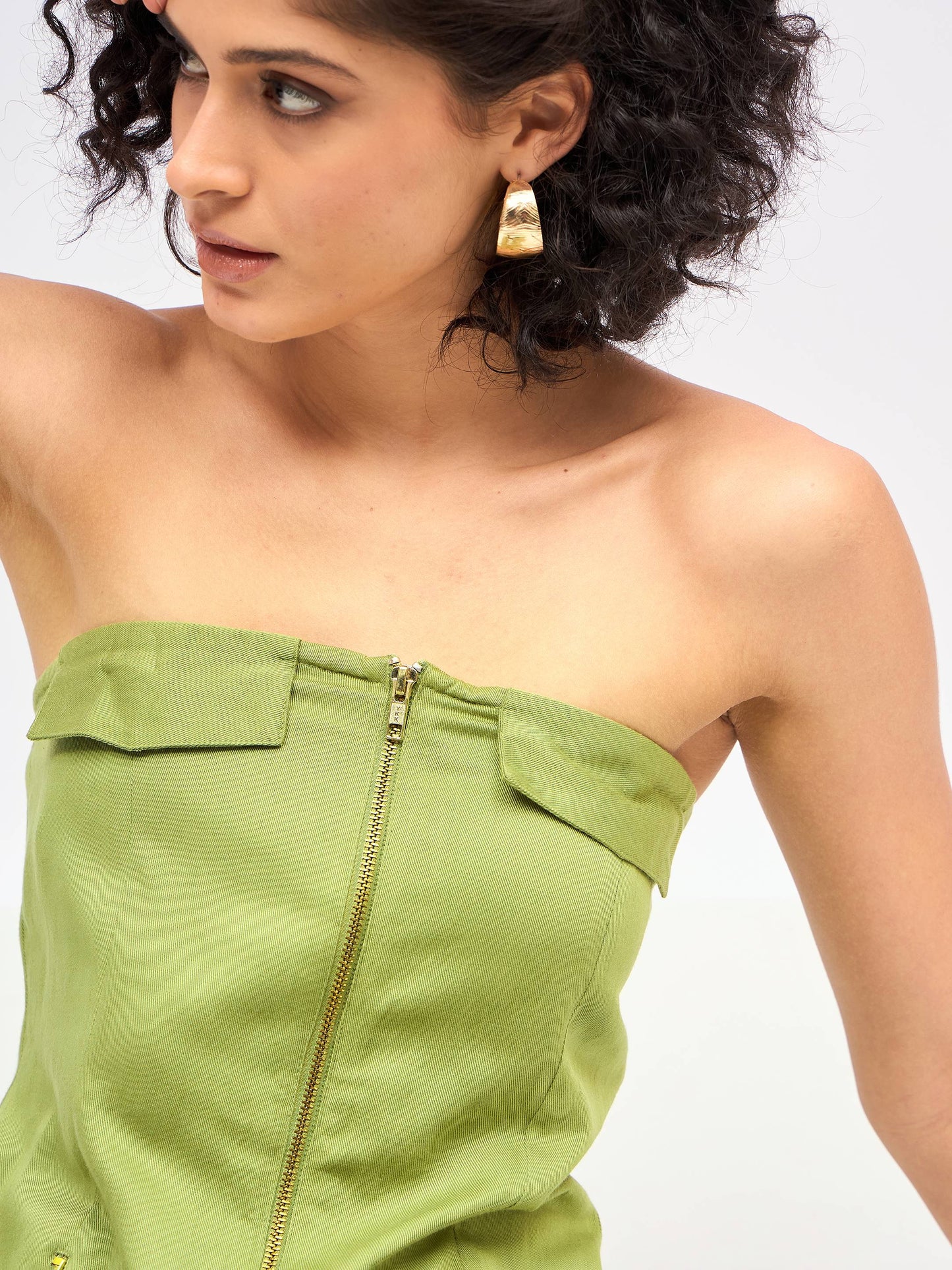 Olive Twill Front Zip Detail Corset Top