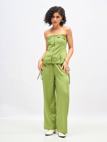 Olive Twill Front Zip Detail Corset Top