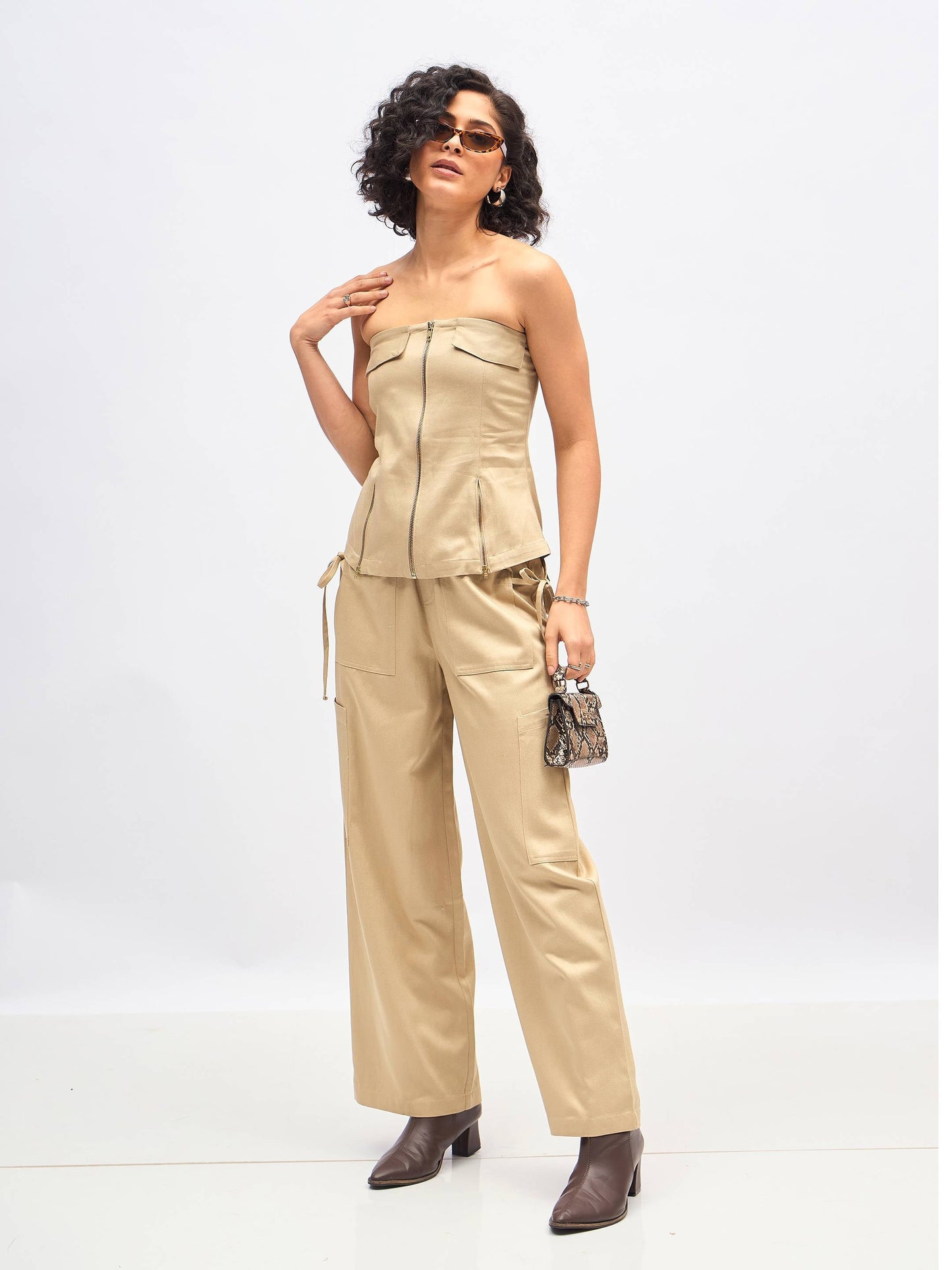 Beige Twill Front Zip Detail Corset Top