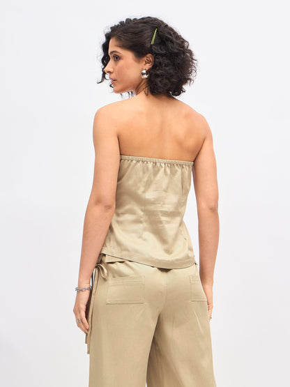 Beige Twill Front Zip Detail Corset Top