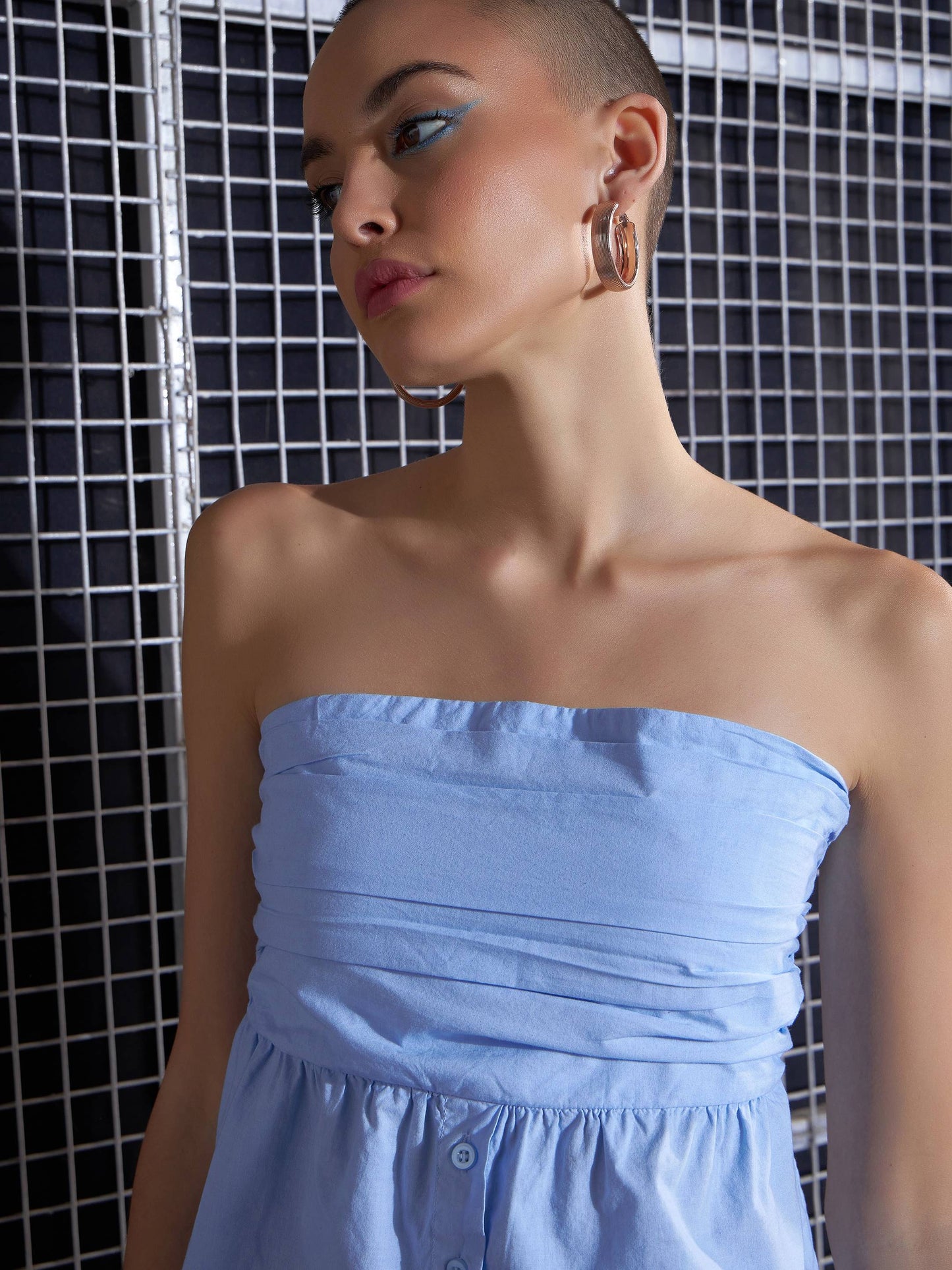 Women Blue Poplin Back Smoked Tube Top