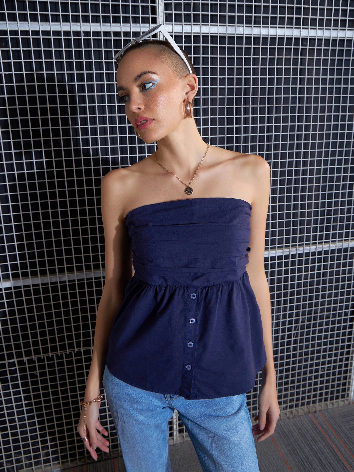 Women Purple Poplin Back Smoked Tube Top