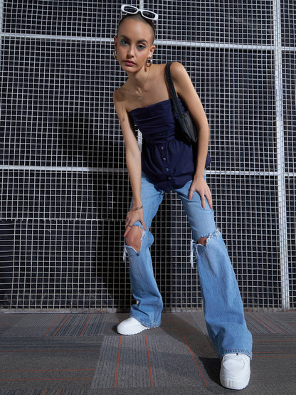 Women Purple Poplin Back Smoked Tube Top