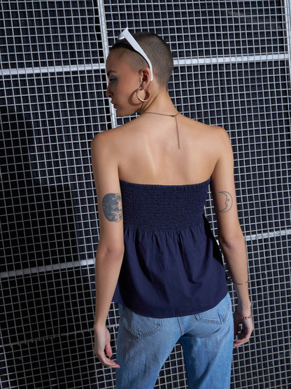 Women Purple Poplin Back Smoked Tube Top