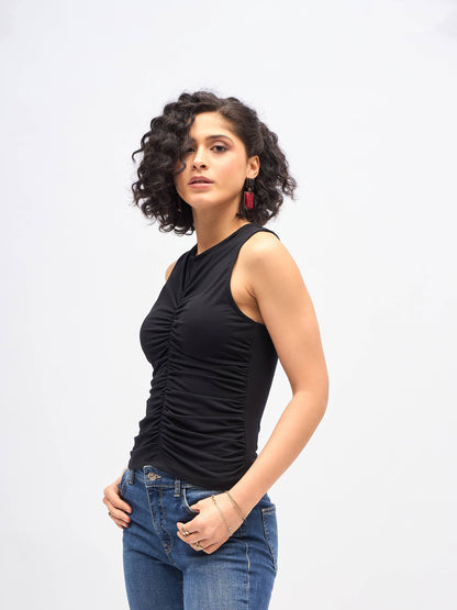 Women Black Box Back Front Ruched Top